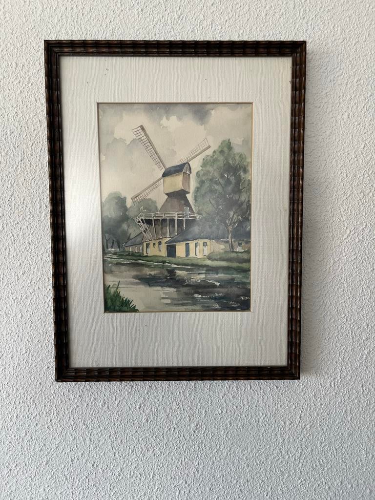 Schilderij Molen 't Haantje Weesp - Gesigneerd CH.A., Verzenden