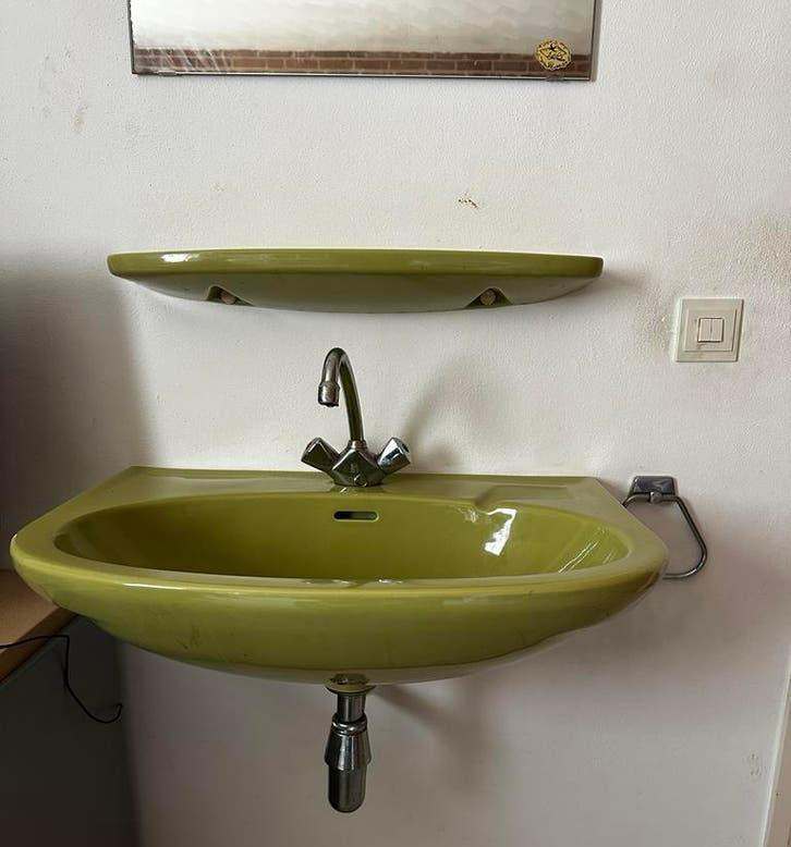 Groene jaren ‘70 wastafel set - vintage avocado groen, Ophalen, Gebruikt, Chroom, Wastafel