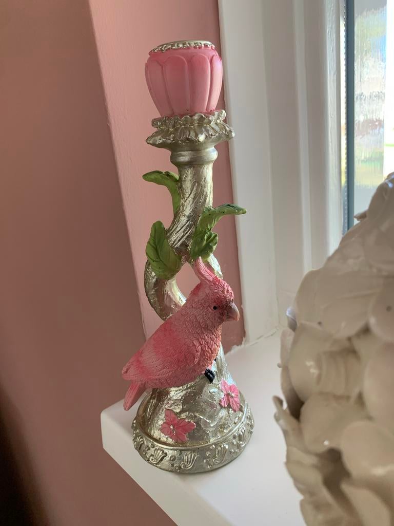 Roze kandelaar met vogeldecoratie, Huis en Inrichting, Overige materialen, Gebruikt, Ophalen of Verzenden, Kandelaar