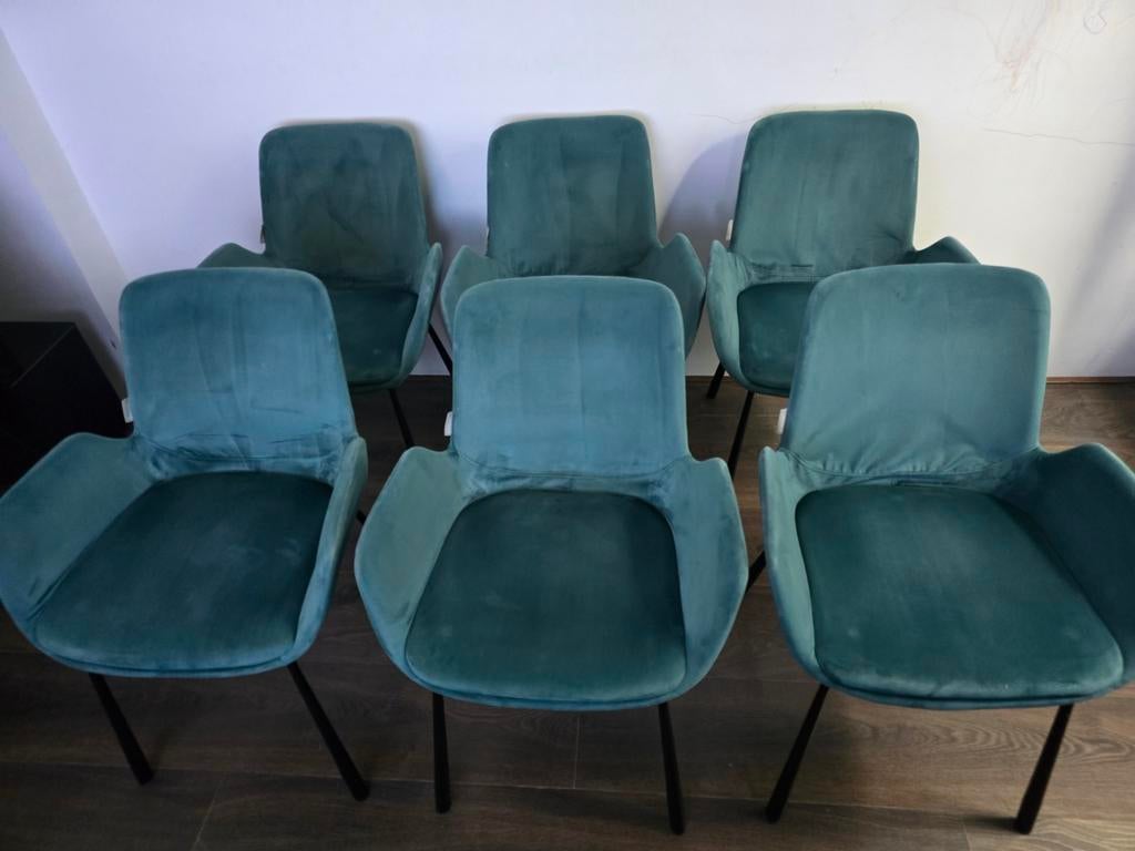 Zuiver Brit Velvet eetkamerstoelen Blauw Petrol 6 stuks, Huis en Inrichting, Stoelen, Ophalen, Zo goed als nieuw, Blauw, Vijf, Zes of meer stoelen