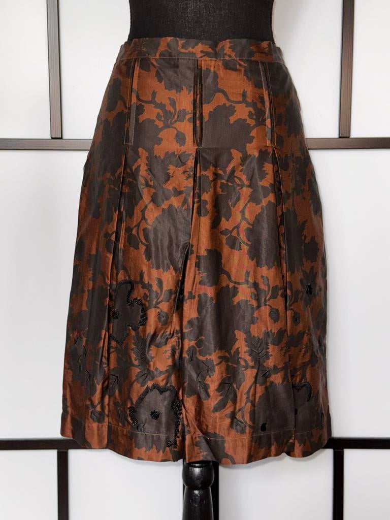 Essentiel bruine rok met zwarte bloemen, maat 36, Ophalen, Bruin, Zo goed als nieuw, Knielengte
