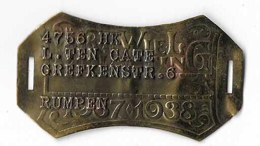 Rijwielbelastingplaatje 1937 - 1938 met adres, Antiek en Kunst, Antiek | Koper en Brons, Verzenden