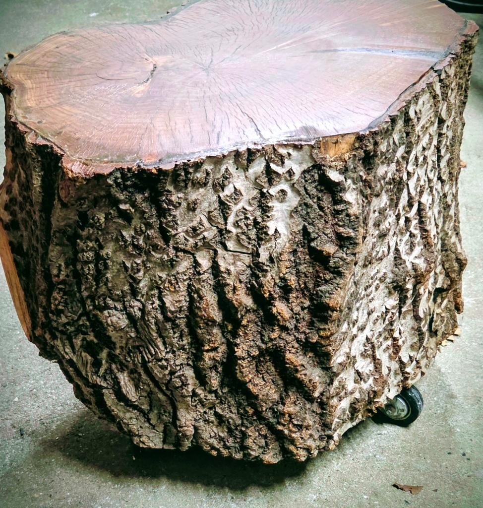 Eiken boomstam tafel/ bijzettafel,60 cm/salontafel op wielen, Huis en Inrichting, Tafels | Salontafels, Gebruikt, Minder dan 50 cm