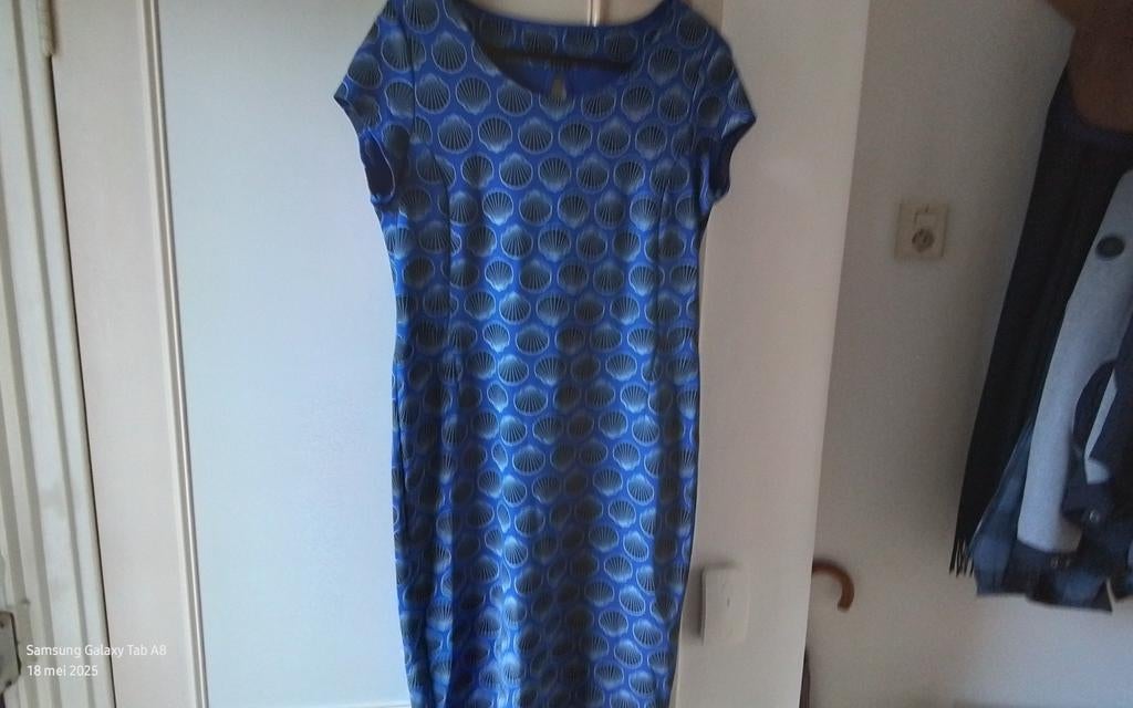 Juffrouw Jansen Amsterdam blauwe midi schelpen jurk L, Blauw, Maat 42/44 (L), JUFFROUW JANSEN AMSTERDAM, Ophalen of Verzenden