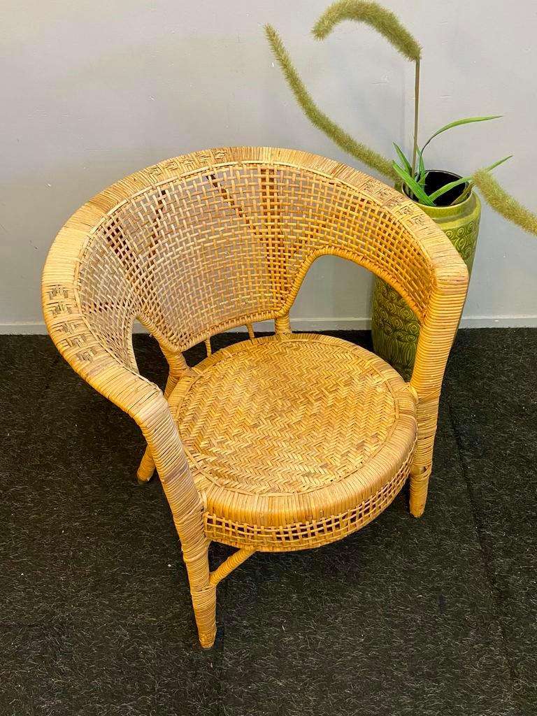 Vintage retro rotan stoel jaren 50/60 riet chair mid-century, Huis en Inrichting, Stoelen, Ophalen, Gebruikt, Bruin, Boho bohemian rohe ibiza pauwstoel jaren 60/70