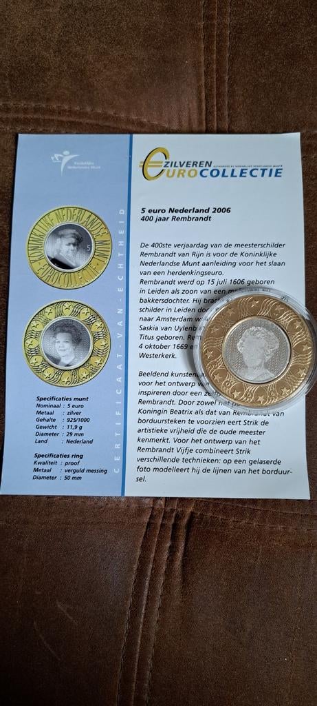 Zilveren Rembrandt 5 Euro Munt Nederland 2006, Postzegels en Munten, Ophalen of Verzenden, Losse munt, Zilver