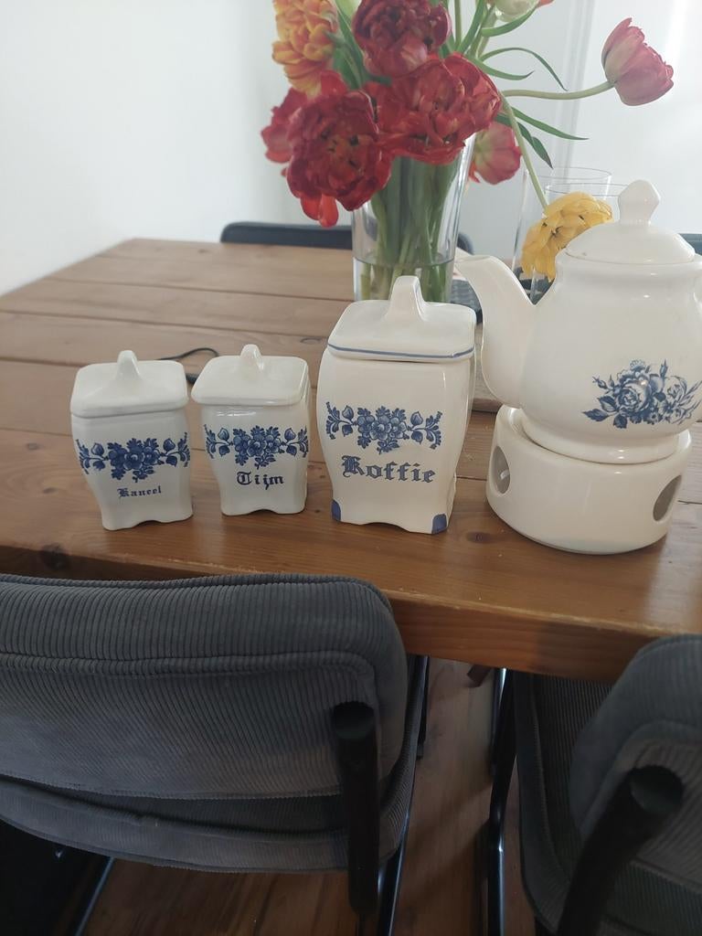 Vintage Delfts Blauw kruidenpotjes en theepot, Ophalen of Verzenden