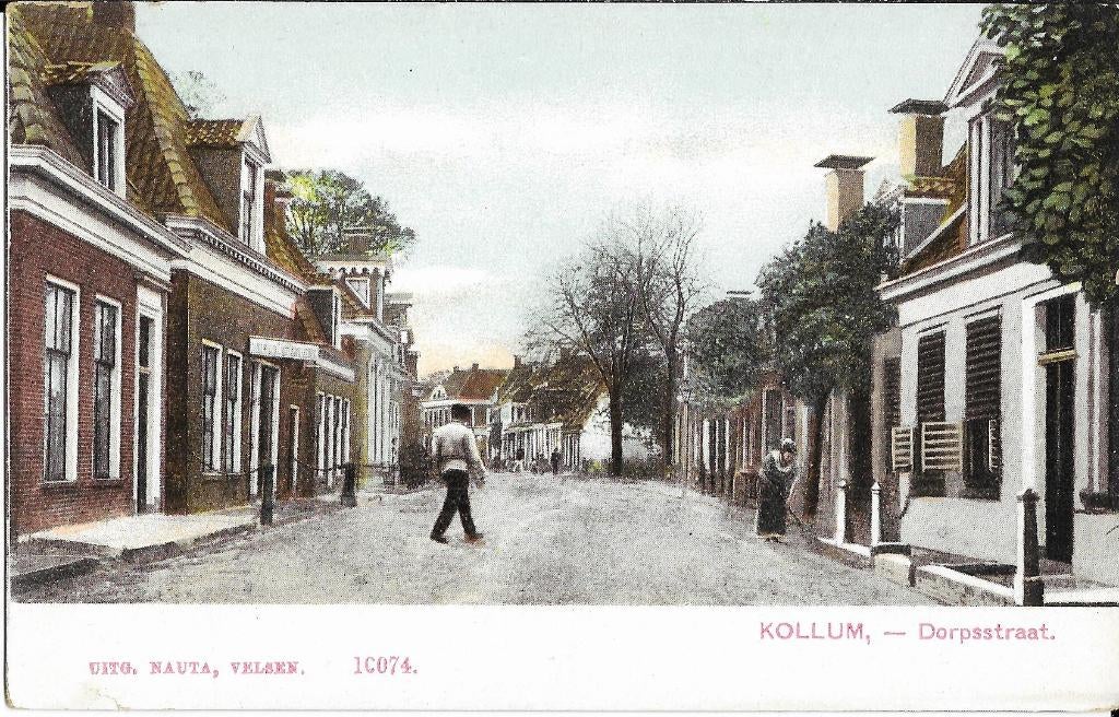 Kollum, Dorpsstraat, man, vrouw, straatbeeld, dorpsgezicht, Verzenden, Voor 1920, Ongelopen, Friesland