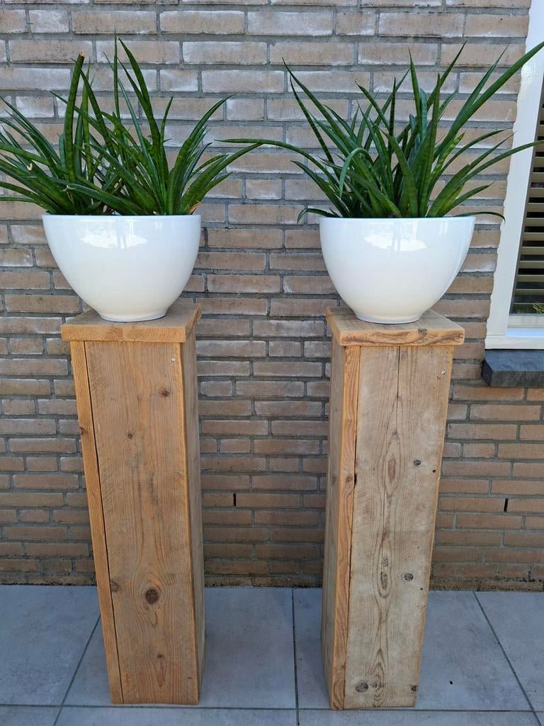 SteigerHouten plantenstandaards met witte bloempotten, Ophalen, Rond, Hout, Balkon