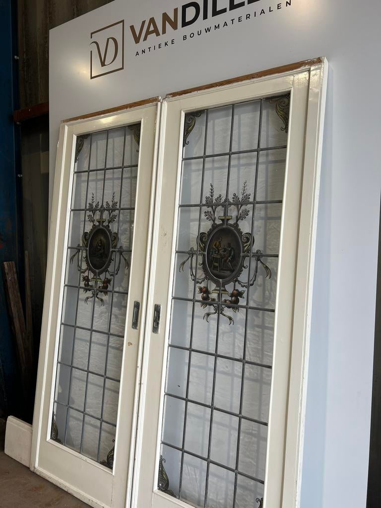 Antieke ensuite deuren glas in lood gebrandschilderd UNIEK!, Doe-het-zelf en Verbouw, Deuren en Horren, 120 cm of meer, Binnendeur