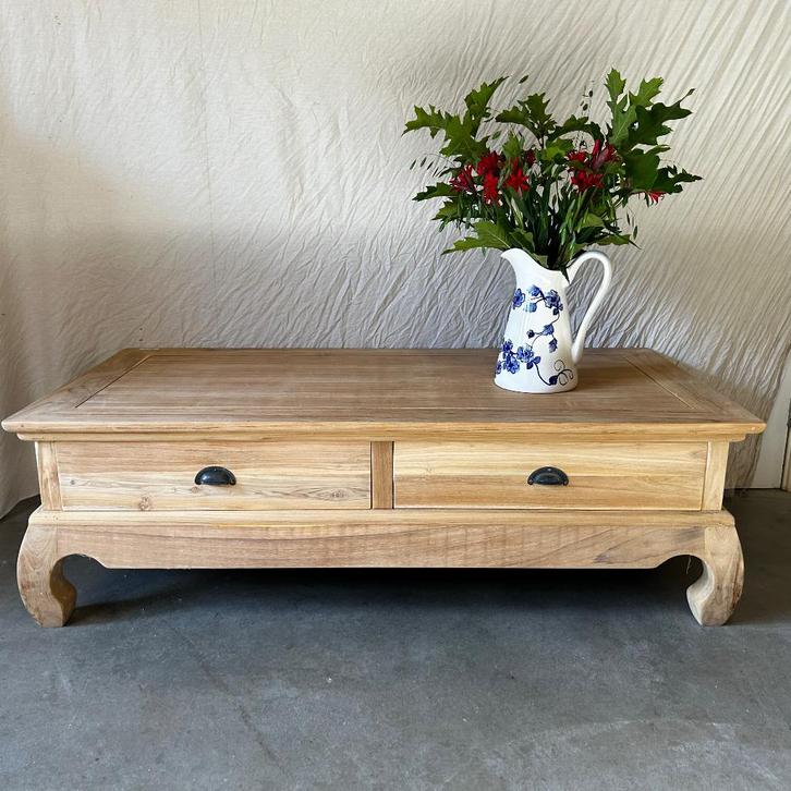 Opium salontafel - teak -140 x 70 cm - 2 lades - TTM Wonen, Huis en Inrichting, Tafels | Salontafels, Nieuw, Minder dan 50 cm