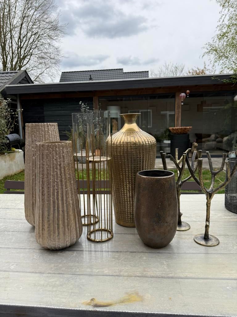 Luxe decoratie set: vazen, windlichten & kandelaars, 25 tot 50 cm, Beige, Ophalen of Verzenden, Zo goed als nieuw