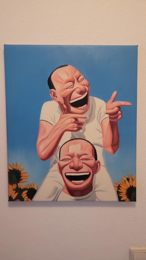 Vrolijk Handgeschilderd Chinees Kunstwerk - 50x60 cm, Antiek en Kunst, Ophalen of Verzenden