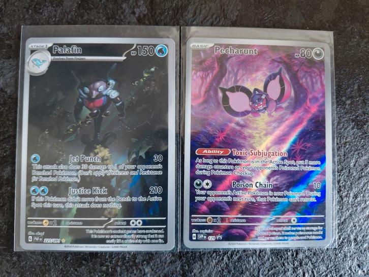 Pokémon kaarten: Palafin en Pecharunt, Hobby en Vrije tijd, Verzamelkaartspellen | Pokémon, Zo goed als nieuw, Meerdere kaarten