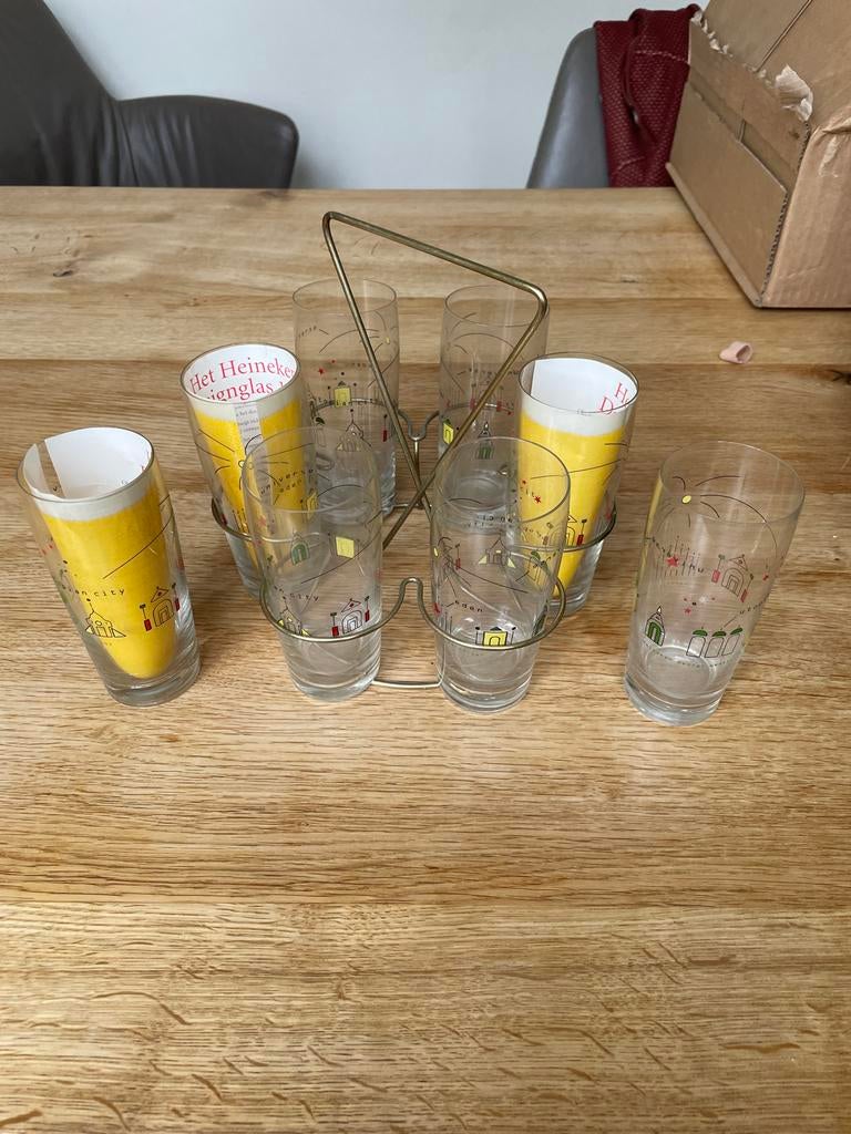 Heineken designglazen 1997 met houder, Ophalen, Meerkleurig, Overige merken, Glas