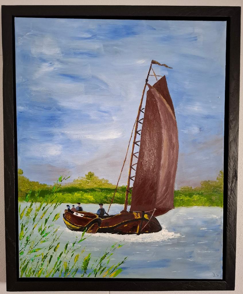 Fries skutsje (olieverfschilderij 40 x 50 cm) met lijst, Minder dan 50 cm, Oorspronkelijke maker, Nieuw, Ophalen of Verzenden