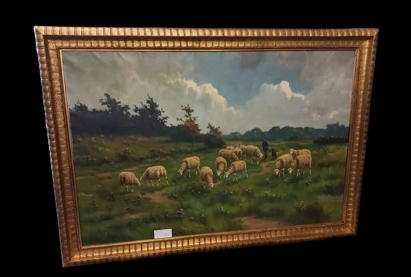 Henri Matthijs (XIX-XX) schapen met herder, Antiek en Kunst, Kunst | Schilderijen | Klassiek, Ophalen