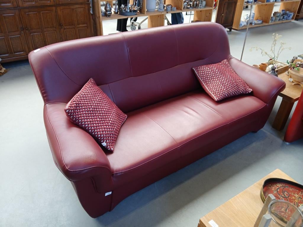 Roodkleurige leren bank - Estafette Harlingen, Ophalen, Gebruikt, 150 tot 200 cm, Driepersoons