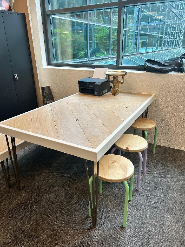Industriële tafel set met krukken & bankje, Huis en Inrichting, Tafels | Eettafels, Ophalen, Gebruikt, 50 tot 100 cm, Vijf personen of meer