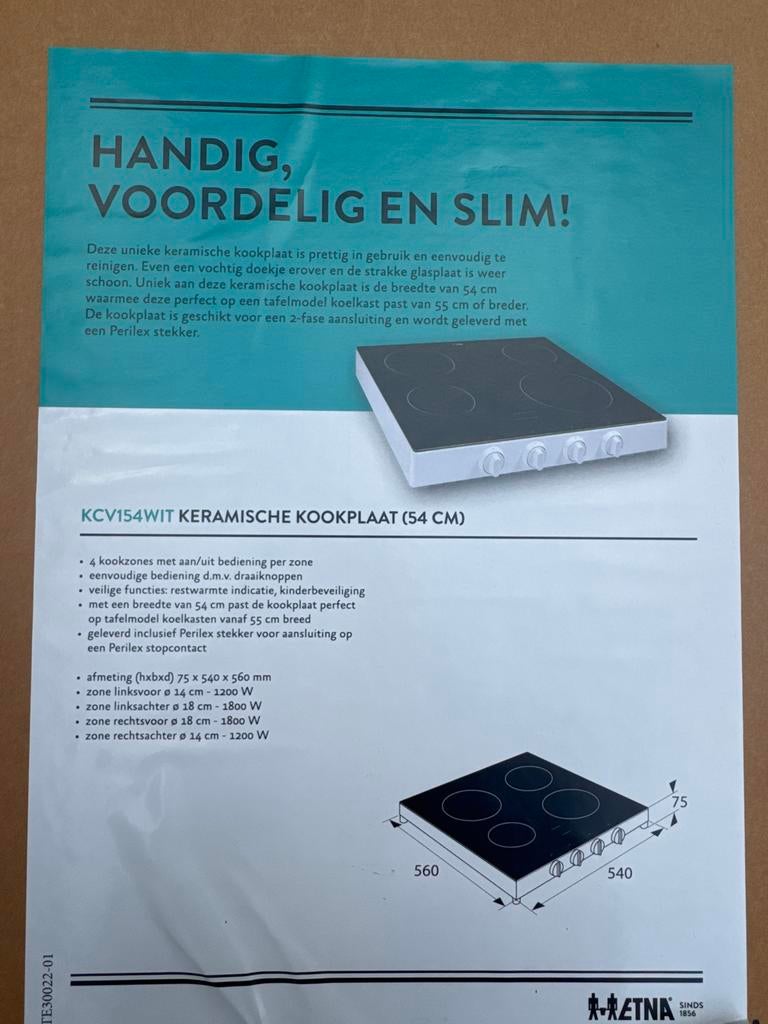 ETNA KCV154W IT Keramische Kookplaat (54 cm), Witgoed en Apparatuur, Ophalen, Keramisch, Nieuw, 4 kookzones