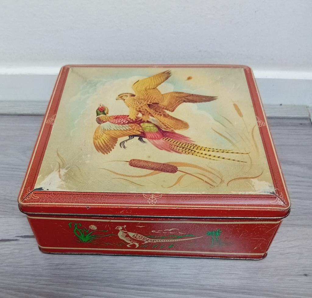 brocante blik met Fazant en roofvogel, Ophalen of Verzenden, Gebruikt, Overige