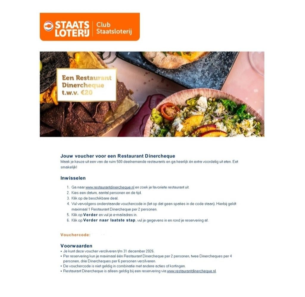 Restaurant dinercheque twv €20, Tickets en Kaartjes, Kortingen en Cadeaubonnen, Twee personen, Cadeaubon
