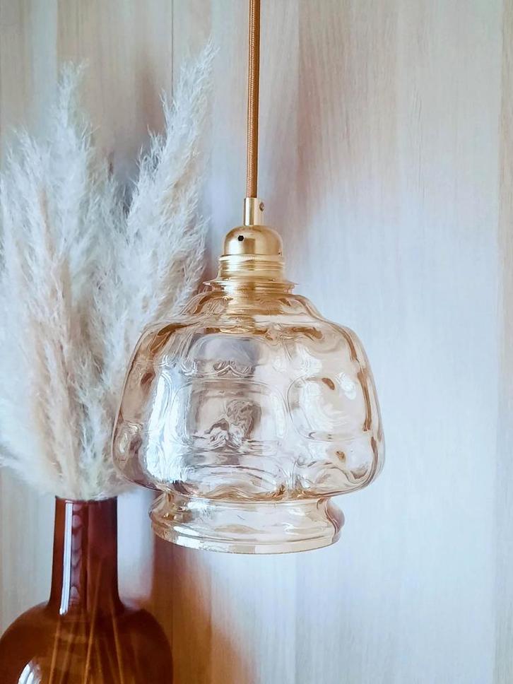 Vintage Mid Century hanglamp amber champagne, Huis en Inrichting, Lampen | Hanglampen, Minder dan 50 cm, Ophalen of Verzenden