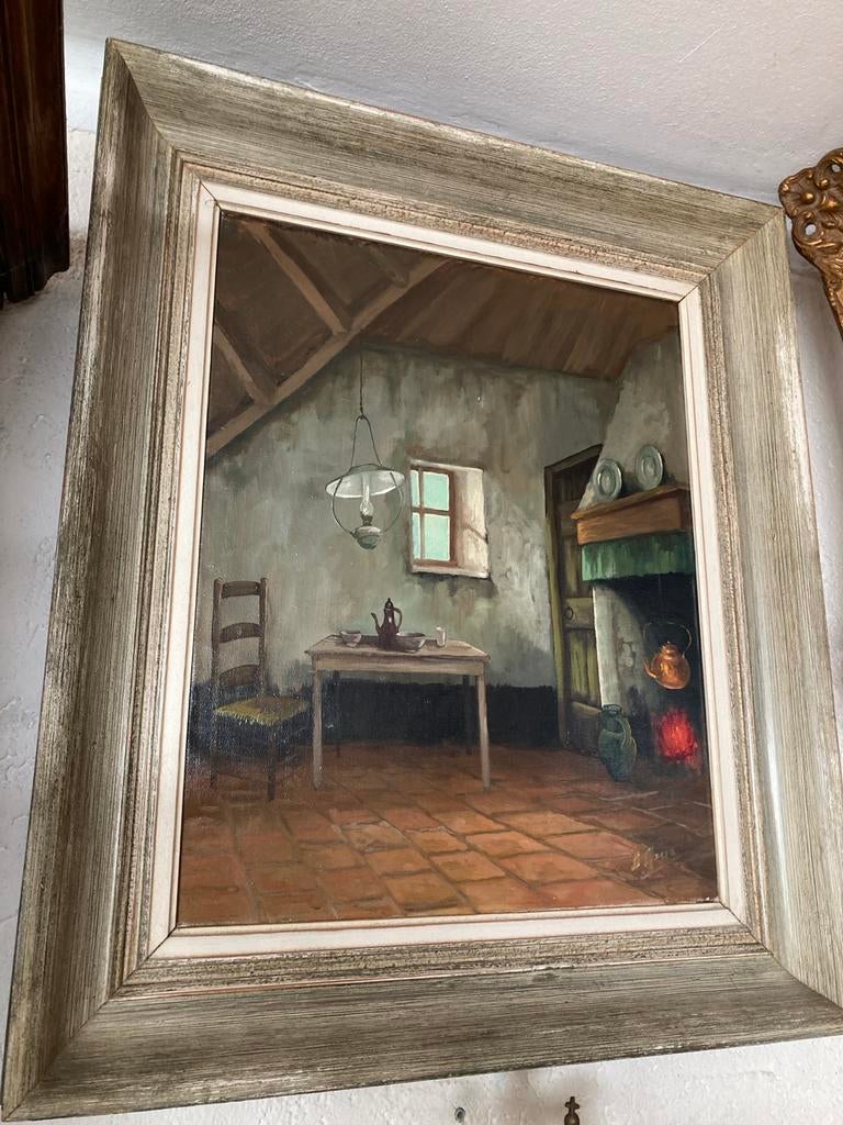 Schilderij interieur met open haard en tafel, Ophalen of Verzenden