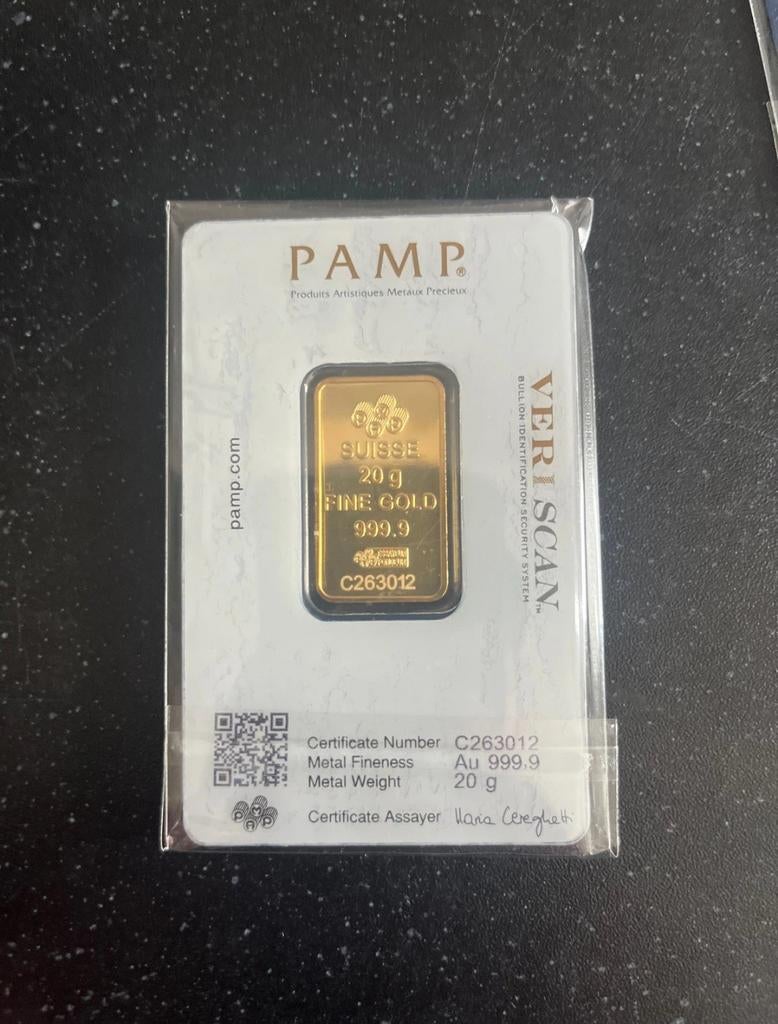 Goud PAMP Suisse 20g 999,9% fine gold, Postzegels en Munten, Edelmetalen en Baren, Ophalen of Verzenden, Goud