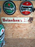 Emaille Heineken's bord van Langcat Bussum 142x29 cm, Verzamelen, Ophalen, Gebruikt, Reclamebord, Plaat of Schild, Heineken