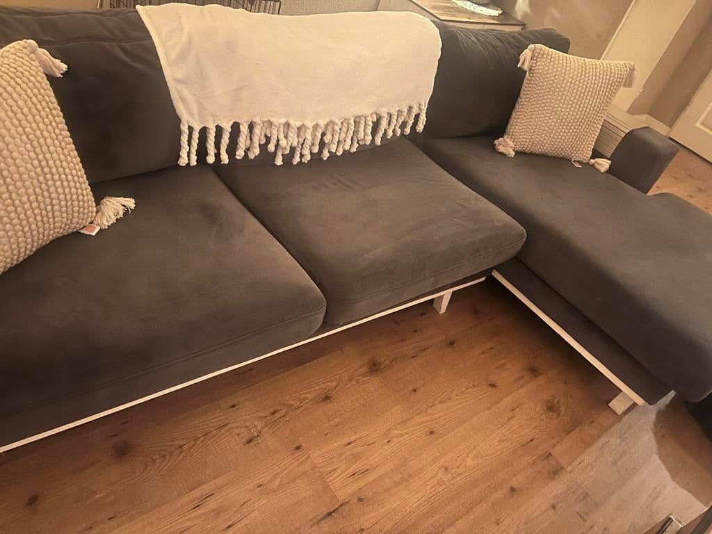 Grijze velvet hoekbank, 250 tot 300 cm, Gebruikt, 100 tot 125 cm, Hoekbank