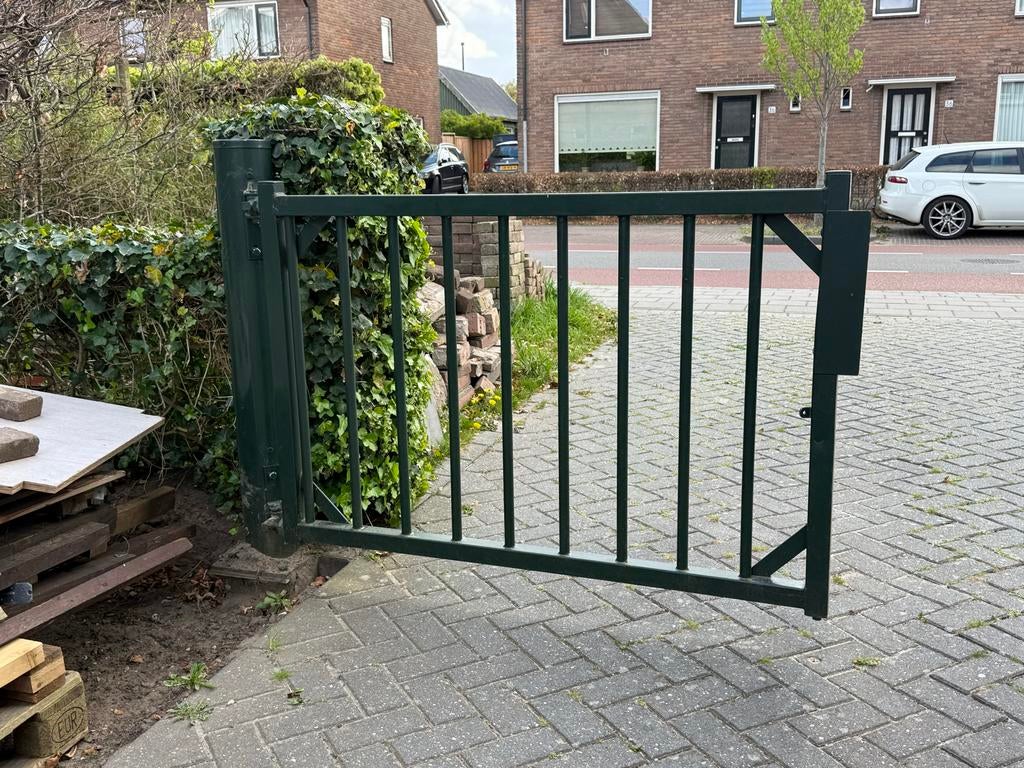 IJzeren poort (groen) breedte gehele poort: 340x124cm, Tuin en Terras, Ophalen, Gebruikt, 150 tot 200 cm, IJzer