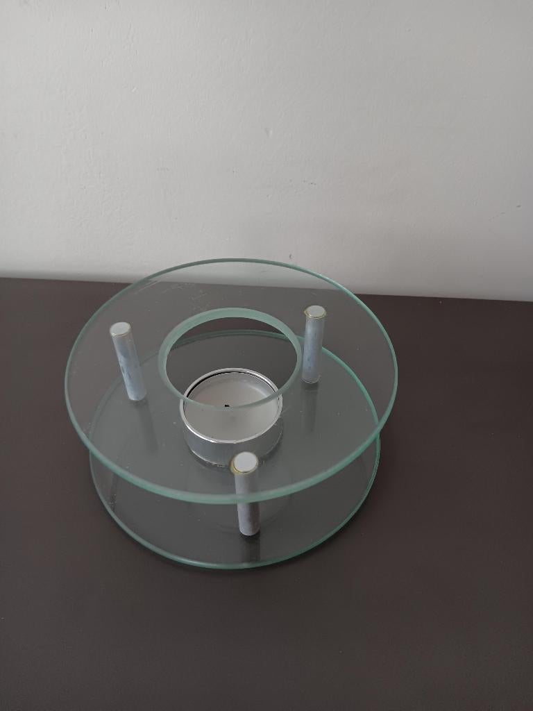 Glazen theelichthouder met metalen accenten modern design, Overige materialen, Gebruikt, Wit, Ophalen of Verzenden