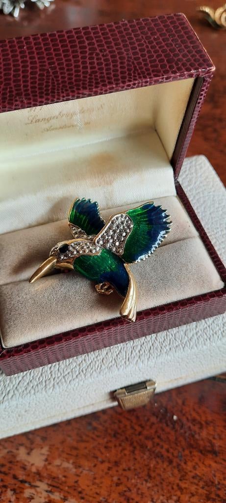 Vintage  broche  kolibrie, emaille cloisonné, Ophalen of Verzenden, Zo goed als nieuw, Overige materialen