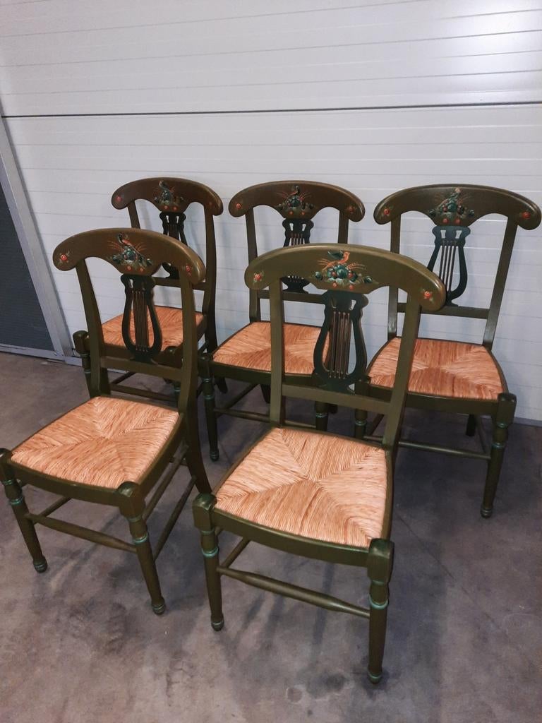 5 houten harpstoelen met Hindelooper beschildering, Ophalen, Gebruikt, Overige kleuren, Eén