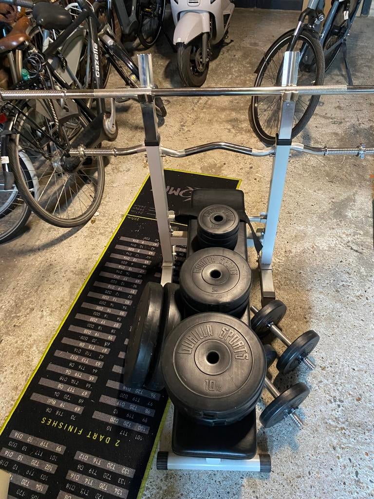 Halterbank met 100kg halterset van gorillasports, Ophalen, Zo goed als nieuw, Halterset