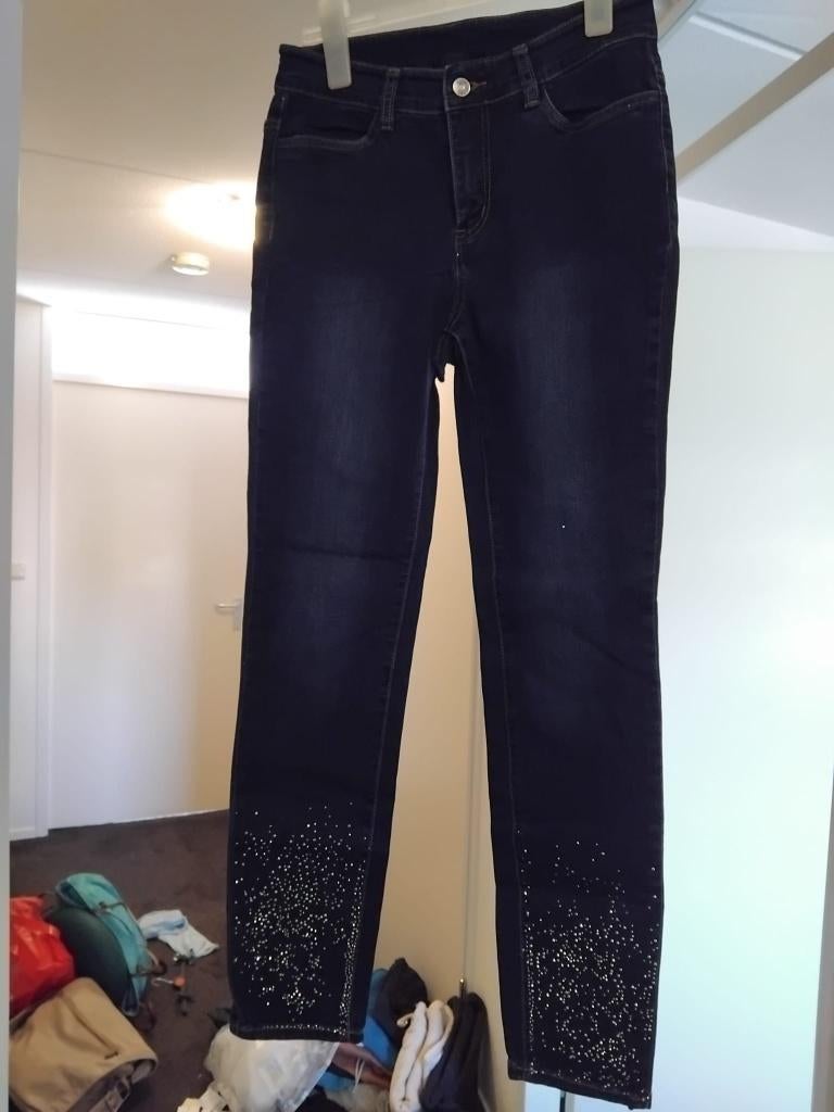 Donkerblauwe spijkerbroek met glitters, Blauw, Lang, Gedragen, Ophalen