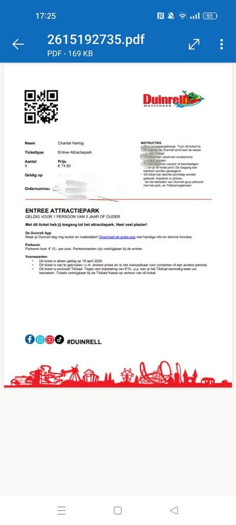 Duinrell, Eén persoon, Cadeaubon