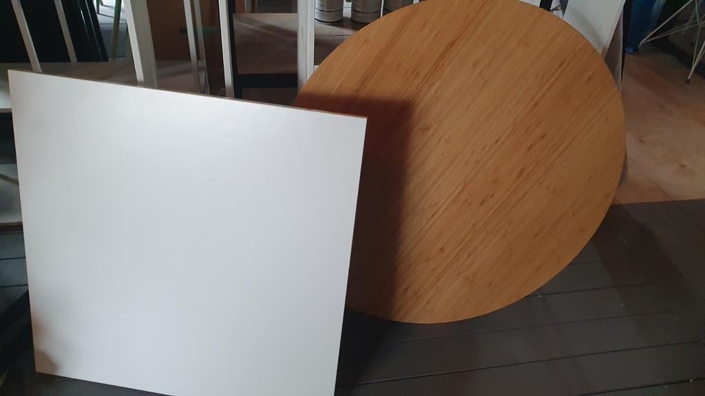 2x Kleine IKEA Eettafel: Rond Bamboe & Vierkant Wit Metaal, Gebruikt, 50 tot 100 cm, Rond, 50 tot 100 cm