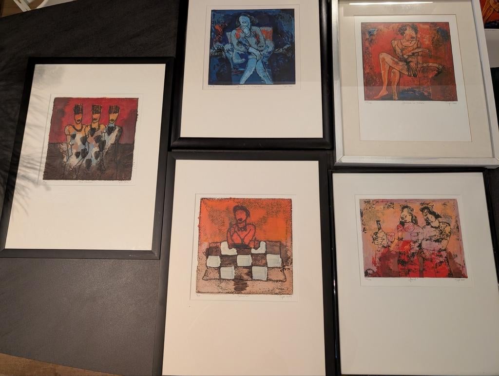 6x ingelijste zeefdruk Sjer Jacobs. 59cm x 43cm en 83x83 cm!, Ophalen of Verzenden