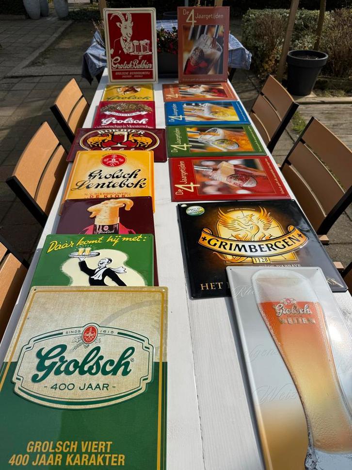 Grolsch en Grimbergen reclameborden, Verzamelen, Biermerken, Gebruikt, Reclamebord, Plaat of Schild, Grolsch, Ophalen