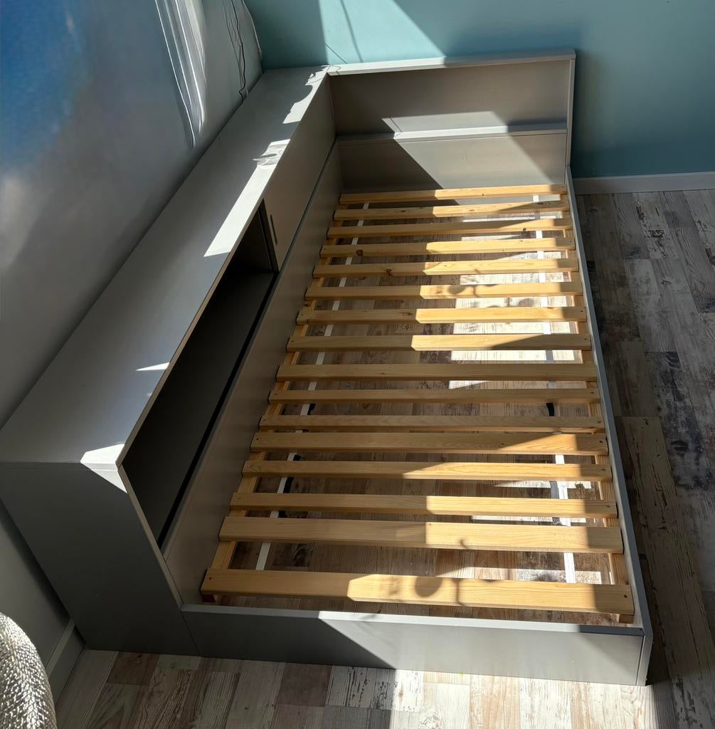 WOOOD connect hoekbed grenen, grijs (met lattenbodem), Ophalen, Gebruikt, 90 cm, Eenpersoons