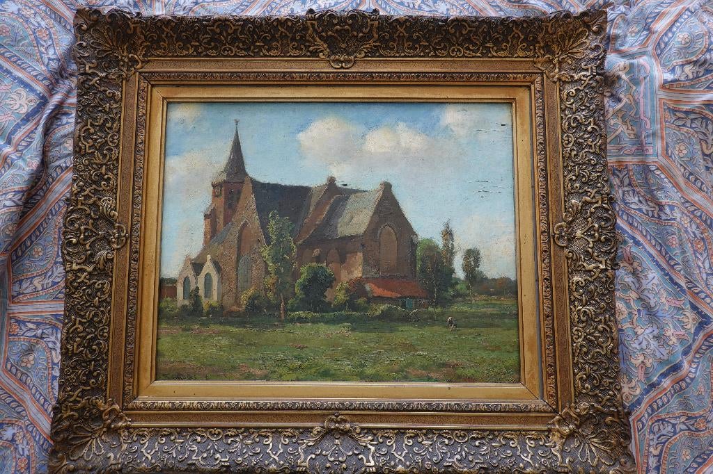 Schilderij olieverf op paneel Kerk in landschap Chr.Snijders, Ophalen of Verzenden