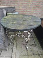 Ronde tuintafel met ijzeren onderstel en houten blad, Ophalen, Gebruikt, Rond, Metaal