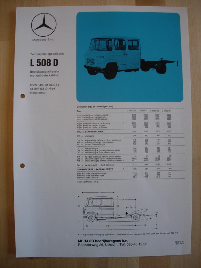 Mercedes 508 D Technische Specificatie Brochure 1979 DC 508D, Zo goed als nieuw, Mercedes-Benz, Mercedes, Ophalen of Verzenden