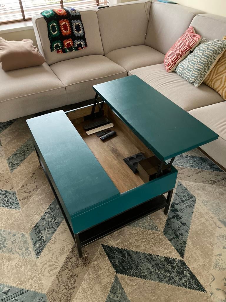 Blauw (aqua) met zwarte salontafel, Huis en Inrichting, Tafels | Salontafels, Ophalen, Gebruikt, 50 tot 100 cm, 50 tot 100 cm