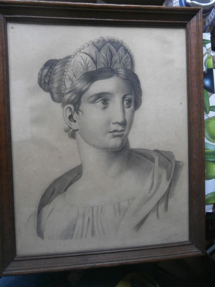 Mooie Potloodtek/Litho van een Dame, Glas gebroken, Antiek en Kunst, Kunst | Litho's en Zeefdrukken, Ophalen