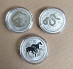 3x 1/2 oz Silver Lunar Dragon 2012, Snake 2013 en Horse 2014, Postzegels en Munten, Ophalen of Verzenden, Zilver