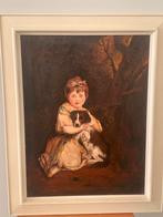 Klassiek Schilderij Meisje met Hond, Ingelijst, Beschadigd,, Ophalen of Verzenden