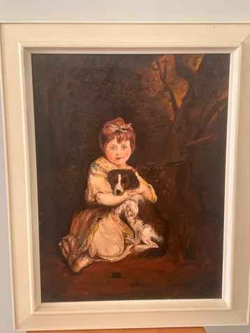 Klassiek Schilderij Meisje met Hond, Ingelijst, Beschadigd,  beschikbaar voor biedingen